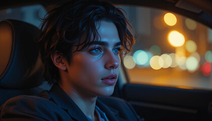 close up of a young man in a car - Generative AI
