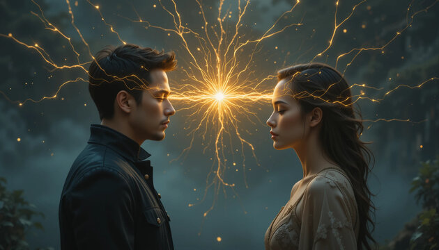 Woman and man in telepathic mental connection - Generative AI