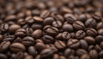 A close-up view of dark roasted coffee beans showcases their rich, glossy surfaces and deep colors. The scene emphasizes the variety and texture of the beans, perfect for coffee lovers