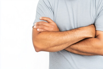 Fototapeta premium Close-up of man in gray shirt holding his arm with crossed hands against white background, concept of pain, tension, or discomfort