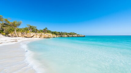 Fototapeta premium Tropical beach with clear water, palm trees on cliffs, and blue sky