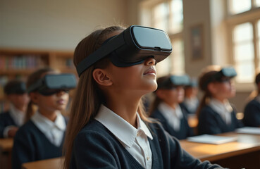 Schoolgirl wearing virtual reality glasses in classroom during lesson. Children in school uniform experience innovative education. Metaverse future tech, ai, digital transformation in class. Modern