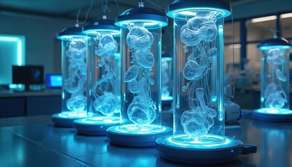 Naklejka premium Futuristic lab view with lab-grown organs in advanced bioreactor tanks. Medical science research using biotechnology and modern tech for healthcare development. Artificial human organs in laboratory.