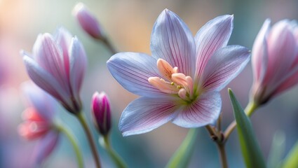 Fototapeta premium Delicate pink & white flowers with orange center, soft focus