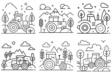 Naklejka premium Nature and Tractor Outline Coloring Book Page Line Art Drawing Set