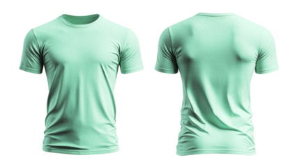 Png of Front and back view of a soft mint green t-shirt on transparent background.