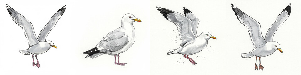 Fototapeta premium Seagull in Flight: Unique Line Art Illustrations - Four unique line art illustrations of seagulls in various poses, symbolizing freedom, coastal life, nature, wildlife, and birdwatching