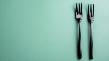 Two black forks neatly placed on a clean, light green background. Minimalist