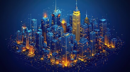 Fototapeta premium Futuristic digital cityscape with glowing skyscrapers and neon network lines