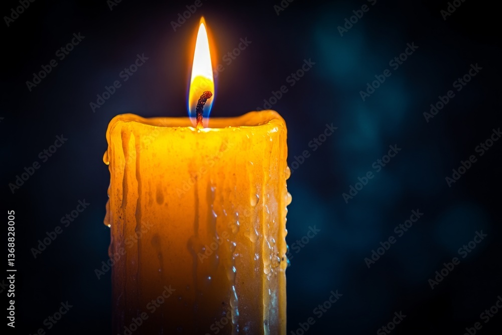 Poster close up of a burning candle melting with flowing wax creating a beautiful pattern on a dark backgro