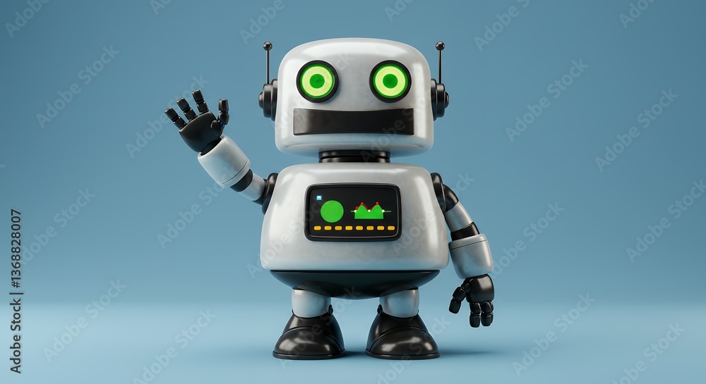 Aufkleber a friendly robot waves hello in a 3d rendered image against a light blue background