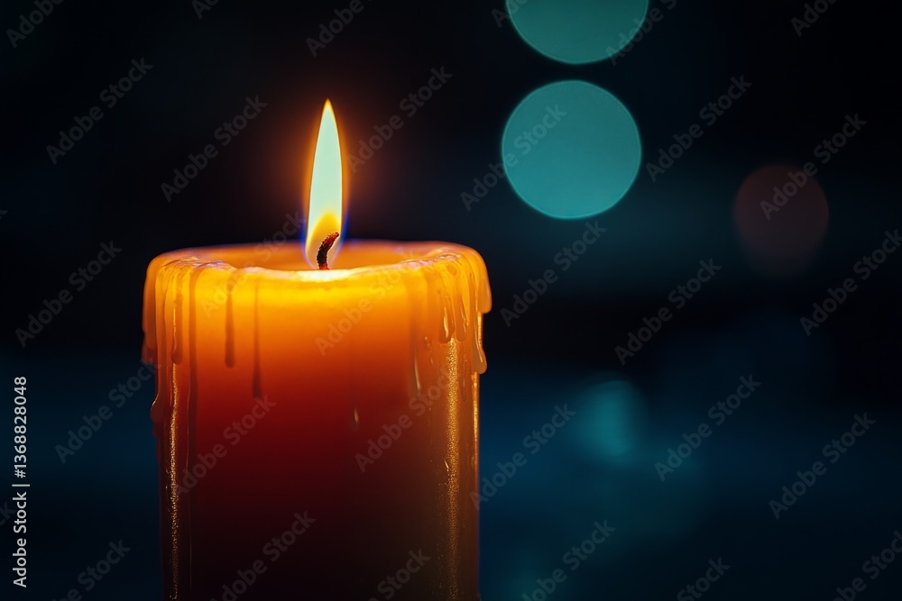 Poster close-up of a burning candle melting wax, creating drips, against a blurred background with bokeh ef