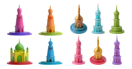 Colorful Decorative Towers and Monuments 3D Illustration Design, isolated on transparent background