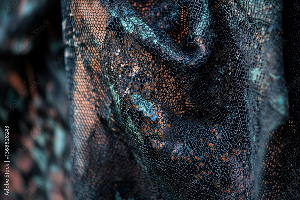 Poster intricate close-up of dark mesh fabric with subtle turquoise and copper hues, creating a textured an