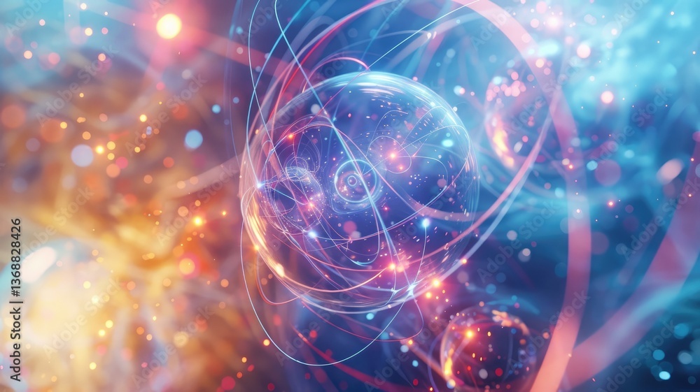 Poster this vibrant abstract image illustrates quantum concepts and particle dynamics, showcasing a blend o