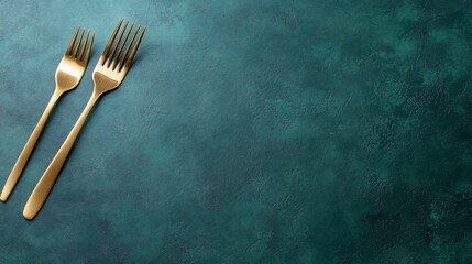Two golden forks on deep teal textured surface, simple dining setup