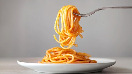 Fork Lifting Delicious Spaghetti with Tomato Sauce on a Plate