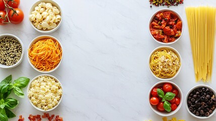 Colorful Arrangement of Pasta Ingredients on Marble Background
