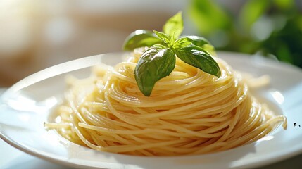 Freshly Cooked Pasta Dish Garnished with Green Basil Leaves