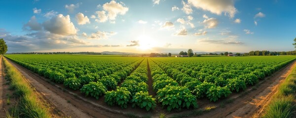 Panoramic photo of potato plantations on farm on sunny day. Agriculture farmland fields under blue sky. Organic agro business cultivation. Beautiful rural landscape.