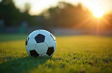 Soccer ball rests green field at sunset. Golden sun rays illuminate sport equipment. Evening match on the horizon creates warm atmosphere. Sport game, recreation and fun on vacation.