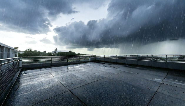 土砂降りの雨空の校舎の屋上。横幅の広い屋上。コンクリート、手すり、雨が降る空のある屋上の眺め。A school rooftop under a pouring rainy sky. A wide rooftop. A view of the rooftop with concrete, railings and a rainy sky.
