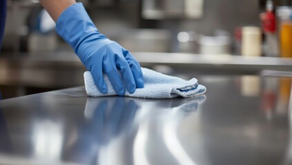 A woman is cleaning a stainless steel surface in a restaurant kitchen.