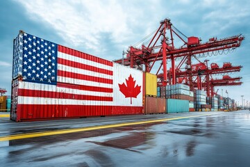 Large shipping containers made from the flags of the USA and Canada.	