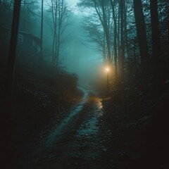 Fototapeta premium Foggy forest path with a single lamppost leading to a house.