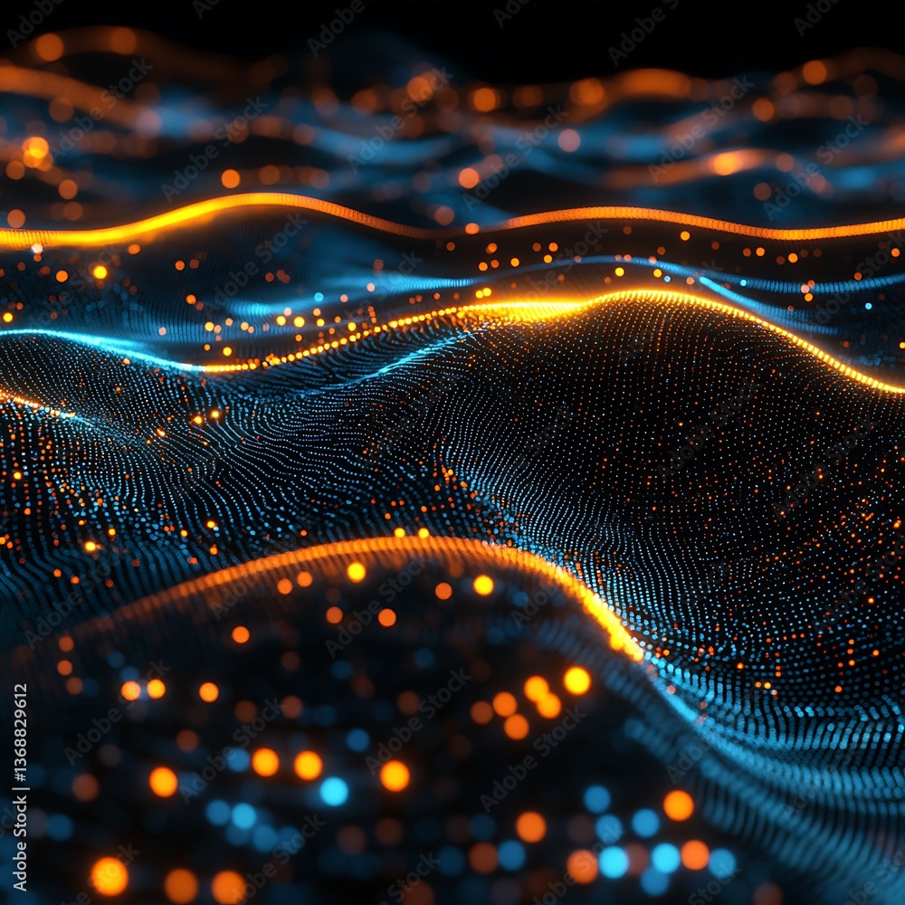 Poster Abstract digital landscape with glowing particles.  A dynamic display of interconnected data points, creating undulating waves of vibrant light