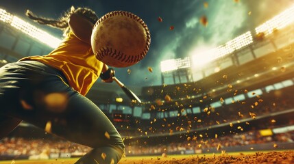 Female softball player hitting ball, dramatic stadium background, action shot.