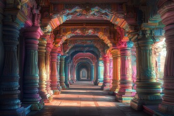 Sunlight illuminating a vibrant temple corridor with intricately decorated pillars and arches, creating a sense of depth and wonder