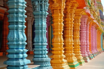Brightly painted pillars supporting a hindu temple create a vibrant display of traditional indian architecture