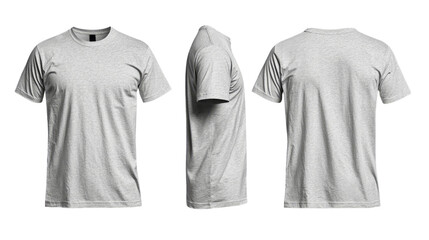 Png of Gray unisex t-shirt displayed from three angles, showcasing a simple and classic design suitable for casual wear on transparent background.