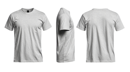 Png of Gray unisex t-shirt displayed from three angles, showcasing a simple and classic design suitable for casual wear on transparent background.