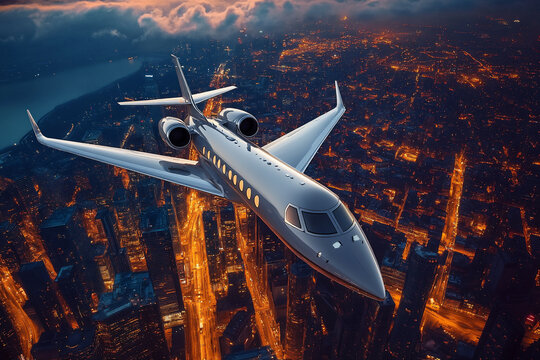 Modern Private Jet Soars Above a City Illuminated by Bright Lights During Twilight