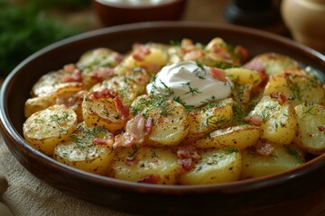 Fototapeta premium Delicious roasted potatoes seasoned with herbs and spices, topped with crispy bacon and a dollop of sour cream, garnished with fresh dill