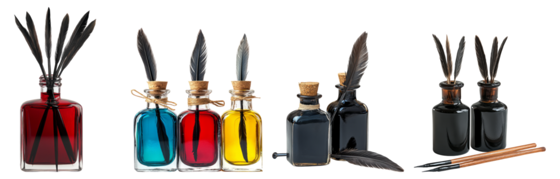 Vintage Ink Bottles with Quill Pens on a White Background