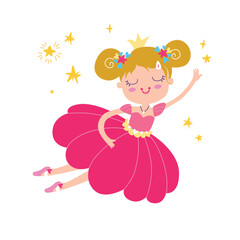 Little Princess With Stars Instinct. Magic Girl On A Pink Dress In Flight. Vector illustration on a white background.