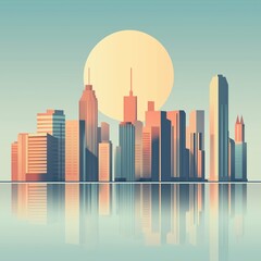 Obraz premium Stylized city skyline with warm sunlight and mirrored reflection at sunset