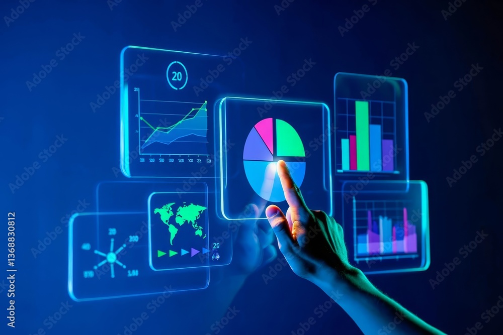 Poster a futuristic business analytics interface features multiple interconnected holographic displays floa