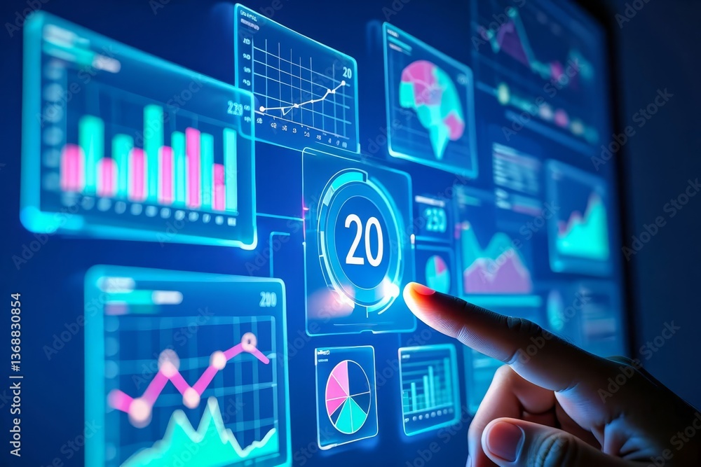 Poster a futuristic business analytics interface features multiple interconnected holographic displays floa