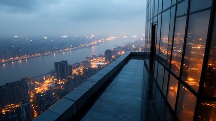Obraz premium Urban vista from a high-rise balcony at twilight, overlooking city lights