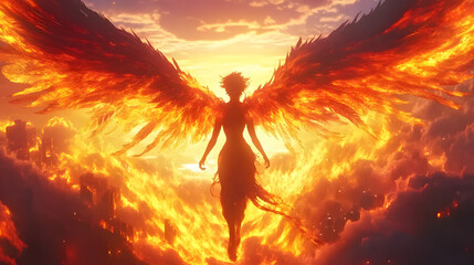 Anime character with phoenix wings fiery colors risin