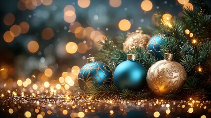 Holiday decorations featuring colorful ornaments and twinkling lights on a winter evening surrounded by greenery