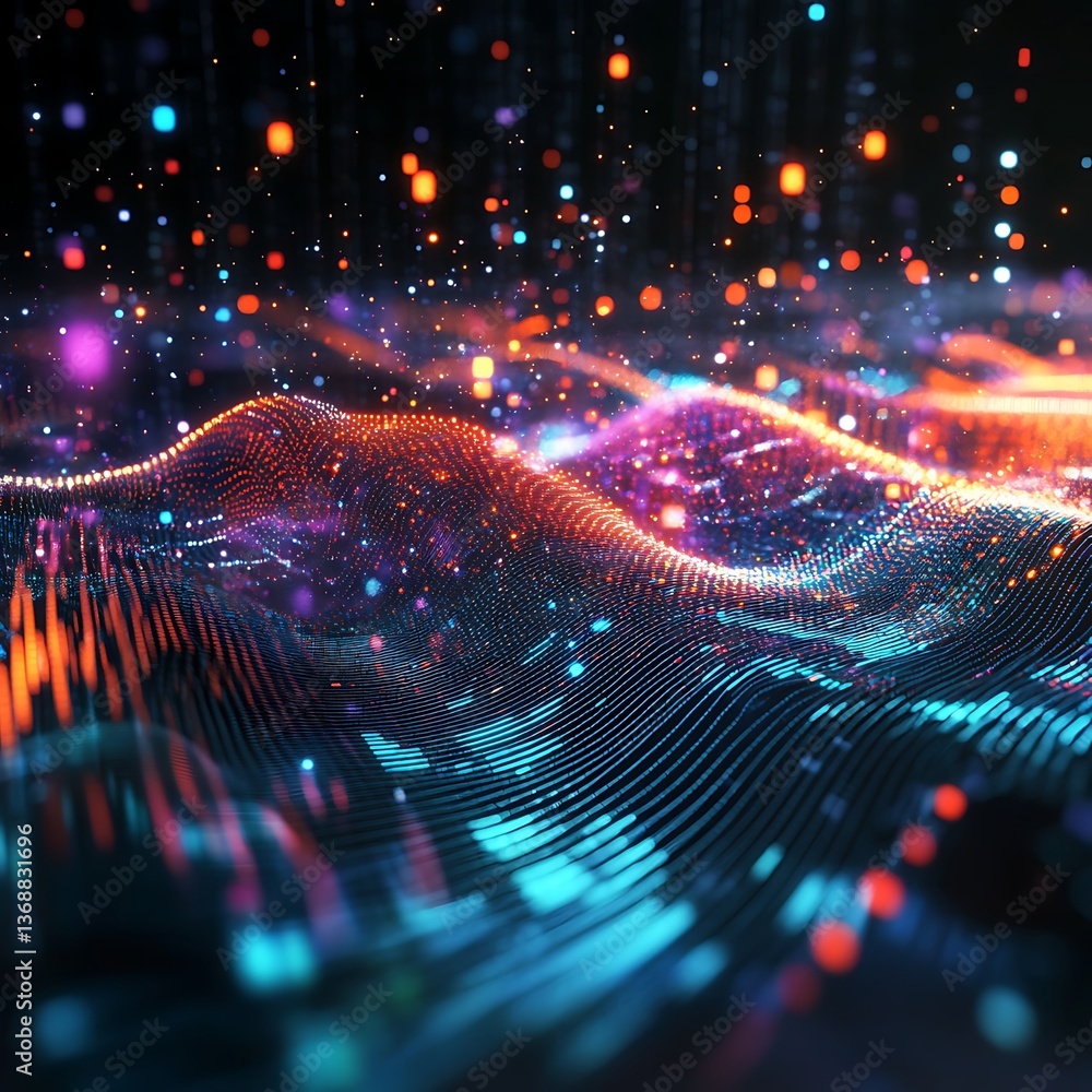 Poster abstract data visualization, vibrant waves of digital particles