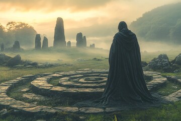 Monk wearing a long black cloak standing on a stone circle contemplating ancient menhirs in a foggy valley at sunrise