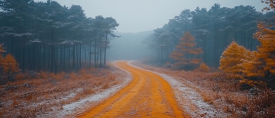 A winding dirt road through a snowy forest with trees