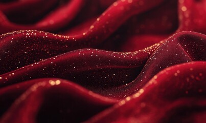 Red velvet fabric with gold glitter, draped background for luxury or celebration