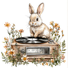 Cute bunny on a record player surrounded by delicate wildflowers A whimsical artistic watercolor illustration.